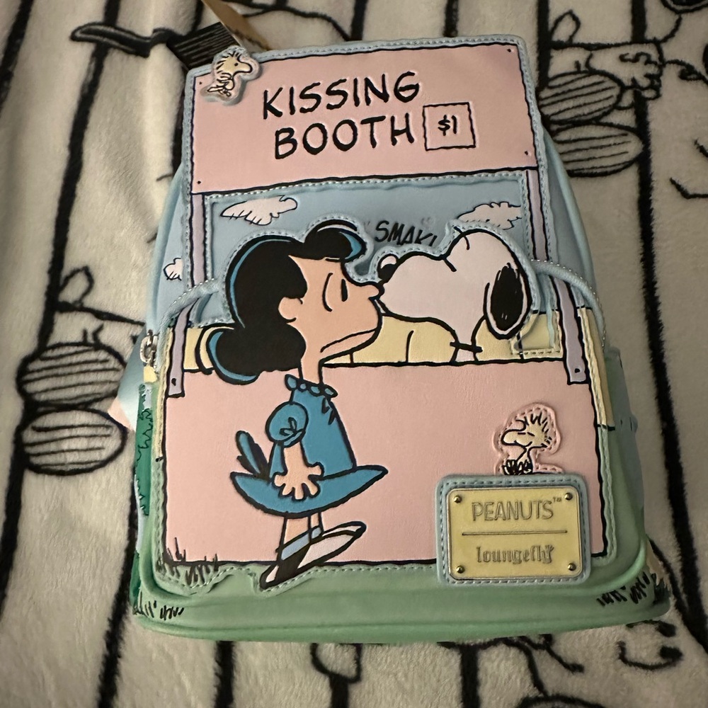 Peanuts snoopy Lucy kissing both exclusive loungefly mini backpack cedar fair